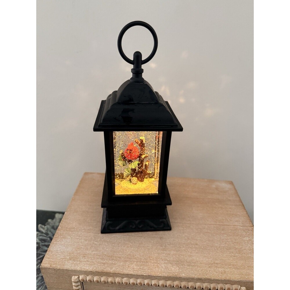 Snow Globe Cardinals Swirling Snow Lighted Roman Lantern Battery WORKS!